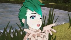 bukkake bunny-home clothes_removed funny_face green_eyes green_hair public_nudity summer swimming wet_body