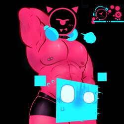 1boy abs bara blixer blixer_(jsab) boxers cyclops eroge erotic fanart headphones jsab just_shapes_and_beats male male_only muscular muscular_male nipples no_pants no_shirt one_eye pantless pecs piercing red_body sfw shirtless spiked_collar