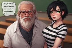 advice age_difference age_gap ai_generated black_and_white_stripes black_hair blush breasts convincing emo emo_girl emo_hair emo_haircut emo_hairstyle eyelashes female green_eyes horny_grandpa horny_male horny_old_man horny_teacher life_as_a_teenager looking_at_viewer makeup male malin_svarre_(character) old_male older older_male older_male_and_younger_female perfect_boobs perfect_tits professor school school_desk school_girl schoolgirl speech_bubble student t-shirt teacher teacher_and_student
