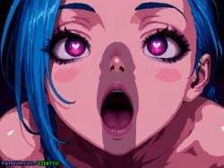 :o ai_generated bare_shoulders blue_hair cock_shock female from_above gigatsu heart-shaped_pupils heart_eyes jinx_(league_of_legends) league_of_legends lips looking_at_penis looking_up open_mouth penis_shadow pixel_art pov riot_games tongue