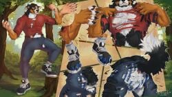 absurd_res anthro bernese_mountain_dog black_body black_fur bottomwear brown_body bulge canid canine canis clothing cross denim denim_bottomwear denim_clothing domestic_dog fangs forest forest_background fur growth hair hi_res human jeans lucas_(lucasreturns) male mammal molosser mountain_dog muscular muscular_male nature nature_background nipples outside pants plant smile solo swiss_mountain_dog tail teath teeth topwear torn_bottomwear torn_clothing torn_pants torn_shoes torn_topwear transformation transformation_sequence tree werecanid werecanine werecreature weredog white_body white_fur yaflee