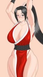 black_hair brown_eyes fatal_fury huge_breasts kunoichi_dress lifting_arms looking_at_viewer mai_shiranui ponytail ryle_k smiling_at_viewer snk