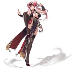 :o alternate_costume azur_lane bare_shoulders black_background black_dress black_footwear black_thighhighs bra bra_peek bracelet braid braided_bun breasts bremerton_(azur_lane) bremerton_(kung_fu_cruiser)_(azur_lane) bridal_gauntlets brown_bra cg china_dress chinese_clothes cleavage cleavage_cutout clothing_cutout covered_navel double_bun dress drop_shadow eyewear_on_head female fighting_stance flats full_body grey_hair hair_between_eyes hair_bun hair_intakes hair_ornament hair_rings high_heels huge_breasts jewelry large_breasts leg_up long_hair looking_at_viewer mole mole_on_breast mole_under_eye multicolored_hair nail_polish official_alternate_costume official_art open_mouth pelvic_curtain pink_eyes pink_hair revealing_clothes round_eyewear side_slit sidelocks skindentation sleeveless sleeveless_dress solo standing standing_on_one_leg strapless strapless_bra streaked_hair sunglasses thighhighs thighs tinted_eyewear transparent_background twintails two-tone_hair underwear