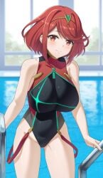 1girls alluring aqua_gemstone bare_shoulders big_breasts black_one-piece_bikini blush chest_jewel competition_swimsuit core_crystal core_crystal_(xenoblade) female gem headpiece heroine high_res jewelry looking_at_viewer milf mzrz one-piece_bikini open_mouth pool pool_ladder pyra red_eyes red_hair red_one-piece_bikini ribbed_bikini short_hair smile striped_clothes striped_one-piece_bikini swept_bangs swimming_pool swimsuit thighs tiara two-tone_bikini vertical-striped_clothes vertical-striped_one-piece_bikini xenoblade_(series) xenoblade_chronicles_2