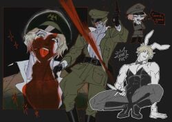 alternate_costume blonde_hair blood blood_on_face bunny_ears bunnysuit chibi crossdressing english_text fear_and_hunger fear_and_hunger:_termina fishnets gun looking_at_viewer male male_only male_playboy_bunny masculine_crossdresser military_hat military_uniform multiple_images muscular muscular_male pale-skinned_male pale_skin pavel_yudin soldier solo squatting syag_2 tongue_out