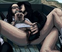 andromorph black_eyes black_hair black_teeth crying cuntboy dreadlocks gay glasses gun gun_in_pussy gun_play hairy in_trunk intersex jdevil jonathan_davis korn lowres outside pierced_eyebrow selfcest tattooed_arm tied_up white_shirt wtf
