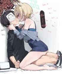 1boy absurdres animal_ear_fluff animal_ears assertive_female barefoot blue_archive blue_halo blue_necktie blue_shirt blush cowgirl_position dog_ears dog_girl extra_ears fedora female french_kiss from_side hair_over_one_eye halo hand_on_another's_face hat heavy_breathing highres kanna_(blue_archive) kanna_(young)_(blue_archive) kissing lonklink male moaning necktie office_lady paper_on_head sensei_(blue_archive) sex sharp_teeth shirt sound_effects speech_bubble straddling straight teeth thought_bubble tongue tongue_out