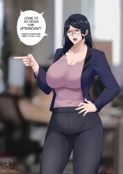 2d_artwork angry angry_face beauty_mark beauty_mark_under_mouth black_hair blouse boss breasts_bigger_than_head brown_hair brunette_female brunette_hair cleavage curvy dark_hair female female_focus female_only glasses glasses_on_face hand_on_hip heels huge_breasts jacket long_hair mana_(yonda545) manager milf mole mole_under_mouth office_lady pale-skinned_female pants pointing pointing_at_another purple_eyes serious serious_face serious_look shouting thick_thighs wide_hips word_balloon yonda545
