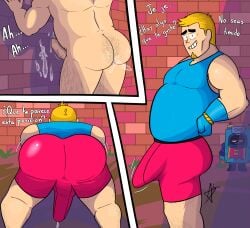 articraz_(artist) ash_(brawl_stars) ass ass_focus background bara blonde_hair boxers brawl_stars bulge bulge_under_clothes color cum cum_inside cumming eyebrows eyes gay gloves grom_(brawl_stars) hair hairy looking_at_viewer male male_only muscular_male naked naked_male penis scar scar_on_face talking_to_viewer tank_top text uncut video_game_character