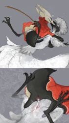 bird close-up cute feral feral_on_feral fluffy hollow_knight hollow_knight:_silksong hornet_(hollow_knight) kissing lace_(hollow_knight) lesbian_sex mounting simple_background team_cherry yuri