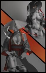 angle anthro asia asian_clothing breasts clothing domestic_cat east_asian_clothing felid feline felis female genitals hat headgear headwear hi_res hnz japan japanese_clothing jewelry kimono legwear looking_at_viewer mammal master melee_weapon necklace nude path perspective pinup playful pose presenting pussy ribbons robe samurai seductive sex solo stockings sword view warrior weapon