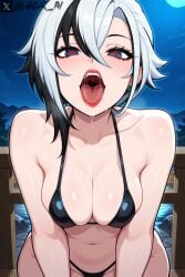 ai_generated arlecchino_(genshin_impact) bl4ck_ai breasts female genshin_impact micro_bikini onsen open_mouth oral_invitation saliva saliva_string saliva_trail suggestive suggestive_gesture