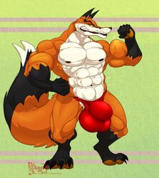 2019 4_toes 5_fingers abs anthro balls biceps big_balls big_muscles black_skin bulge canid canine clothing digitigrade dipstick_tail eyebrows fist flexing fox gloves_(marking) hi_res hungothenomster kuufuku male male_only mammal markings multicolored_skin multicolored_tail muscular muscular_thighs nipples orange_skin pawpads pecs penis saliva sharp_teeth socks_(marking) solo standing teeth tight_underwear toes two_tone_skin underwear white_skin yellow_eyes