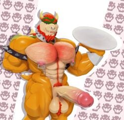 anthro big_penis bodily_fluids bowser dragon dripping genital_fluids genitals hi_res huge_cock koopa male male/male mario_bros mythological_creature mythological_scalie mythology naughty_face nintendo nude penis precum scalie solo waiter zopanda