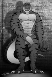 2019 abs anthro balls biceps big_penis claws dinosaur front_view hi_res holding_penis jrbart licking licking_lips male male_only monochrome muscular muscular_male nipples nude open_mouth pecs penis pose precum precum_drip quads reptile scalie self_lick sharp_teeth solo standing teeth theropod toe_claws tongue tongue_out triceps tyrannosaurid tyrannosaurus tyrannosaurus_rex uncut vein veiny_penis