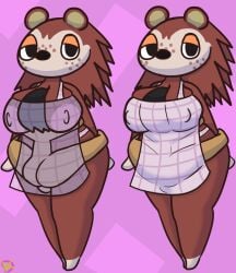 animal_crossing anthro apron apron_only big_breasts breast_play breast_smother breasts clothing duo erect_nipples eulipotyphlan face_on_breast female freckles hedgehog hi_res hug human klutzatdusk larger_female looking_at_viewer male male/female mammal nintendo nipple_outline nipples sable_able size_difference smaller_male smothering thick_thighs villager_(animal_crossing) wide_hips