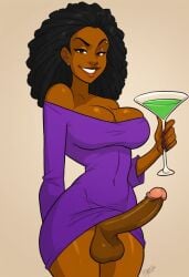 1futa 2d 2d_(artwork) aeolus06_(style) ai_generated balls bare_shoulders big_balls big_breasts big_penis breasts civitai clothing cocktail_glass dark-skinned_futanari dark_skin erection futa_only futanari holding_cocktail large_penis looking_at_viewer milf_enjoyer no_bra no_panties off_shoulder_dress penis purple_dress smirk solo solo_futa testicles