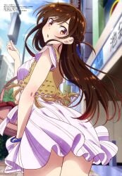 amber_eyes arched_back ass blue_bracelet blush bracelet brown_hair brunette_hair cityscape dress from_behind from_below handbag japanese_text jpeg kanojo_okarishimasu light-skinned_female looking_at_viewer looking_down mizuhara_chizuru outdoors pink_dress sideboob standing text