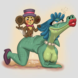 1:1 anthro big_ears blue_eyes blue_hair blush bow_tie breasts brown_fur butt_slap cheburashka cheburashka_(character) clothing crocodile crocodilian crocodylid dizzy fangs female footwear fur green_nipples hair hat headgear headwear hi_res high_heels jewelry kiss_mark krokodil_gena larger_female lipstick makeup male metalslayer necklace nipples pearl_necklace pussy_juice reptile rule_63 russian_text scalie shoes size_difference slap smaller_male soyuzmultfilm straight sweat tears text