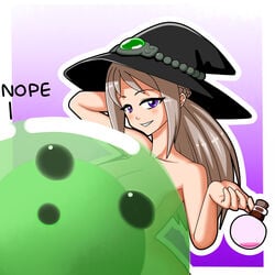 big_breasts gray_hair minecraft personification potion purple_hair slime slime_(minecraft) this_is_madness witch witch_(minecraft) witch_hat