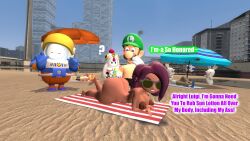 3d 3d_(artwork) barefoot beach beach_towel big_ass completely_nude completely_nude_female desti_(smg4) dialogue female full_body garry's_mod gmod human_meggy kaibernation laying_on_ground luigi mario_(series) meggy_spletzer naked naked_female nude nude_female smg4 sunscreen tari_(smg4) text