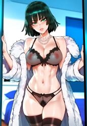 1girls ai_generated blurry_background blush breasts cameltoe coat covered_nipples female female_only fubuki_(one-punch_man) fur_coat green_eyes green_hair jagat_ai jewelry large_breasts lingerie looking_at_viewer nipples novelai one-punch_man pearl_necklace pubic_hair pubic_hair_peek see-through see-through_bra see-through_top solo standing thiccwithaq_(ai_style) thighhighs toned toned_female