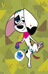 101_dalmatian_street 101_dalmatians 2019 animal_genitalia animal_pussy bandana blush bodypaint canid canine canine_pussy canis da_vinci_(101_dalmatians) dalmatian disney domestic_dog female feral footprint grass half-closed_eyes heart hi_res looking_at_viewer lying mammal on_back paint pawprint presenting pussy smile solo spots spreading whitewolf20xx