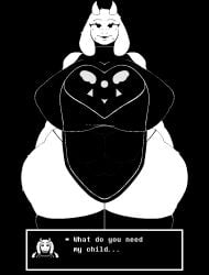 1girls anthro curvaceous english_text female fully_clothed gigantic_breasts greyscale iktomi monochrome solo tagme text_box thick_thighs toriel undertale undertale_(series) videogamedunky voluptuous wide_hips