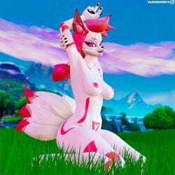 3d absurd_res anthro blender_(artwork) blender_cycles breasts canid canine digital_media_(artwork) elisasharky_(artist) epic_games female fortnite fox fur glowing glowing_eyes hair hi_res kimiko_(fortnite) kimiko_five-tails kneeling looking_at_viewer mammal multi_tail nipples nude outside pink_body pink_eyes pink_fur pink_hair sitting smile smiling_at_viewer solo tail white_body white_fur