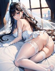 1girls ai_generated black_hair blue_eyes breasts cleavage earrings fapceo35 light-skinned_female light_skin looking_at_viewer medium_breasts solo stable_diffusion wedding_dress wedding_lingerie wedding_veil