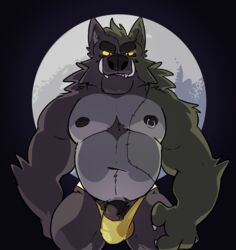 2018 anthro anthro_only belly biceps big_penis biped black_nose bulge canid canine canis chest_tuft claws clothed clothing eyebrows front_view full_moon fur furry grey_fur haps hi_res humanoid_penis looking_at_viewer male male_only mammal moon mostly_nude musclegut muscular muscular_male navel neck_tuft night nipple_piercing nipples no_humans outside pecs penis penis_outline piercing quads scar simple_background smile solo standing teeth thong tuft vein veiny_penis were werecanid werecanine werewolf white_fur wolf