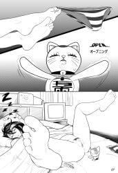 1girls ayase_momo black_and_white censored dandadan english_text feet feet_up female foot_focus gyaru japanese_text legs_up monochrome panties_on_foot panties_removed possessed_doll power_perversion pubic_hair pussy pussy_focus rem_(artist) sleeping sleeping_nude soles spread_legs telekinesis toes turbo_babaa