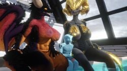 3d_(artwork) anthro breasts capcom digital_media_(artwork) dragon elder_dragon embarrassed female genitals group hand_on_leg hand_on_penis hand_on_tail hand_on_thigh hi_res kulve_(furromantic) larger_female lizardman lizardman_(whiteperson) looking_at_another male monster_hunter mythological_creature mythological_scalie mythology nergigante neridya_(furromantic) nipples nude nude_anthro nude_female nude_male penis pool poolside scalie size_difference smaller_male tail talking_to_another trio void_dragon216 wings