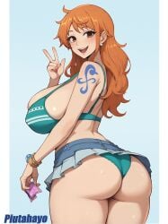 1girls ass bikini_top breasts female female_only large_ass large_breasts light-skinned_female light_skin long_hair nami naughty_face one_piece orange_hair peace_sign piutahayo post-timeskip short_skirt skirt thick_thighs