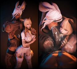 1boy 2girls 3d abunxiv before_and_after big_breasts blacked_clothing blacked_tattoo blowjob branded branding_mark breasts bunny_ears bunny_girl cat_ears catgirl collaborative_fellatio commission cum cum_in_mouth cum_on_breasts cum_on_face dark-skinned_male dark_skin degrading_tattoo double_fellatio exposed fellatio final_fantasy_xiv gpose(ffxiv) grabbing groping interracial licking miqo'te multiple_girls open_mouth oral oral_sex paizuri presenting qos queen_of_spades see-through sex_slave slave snowbunny sucking sucking_penis tagme tattoo tattoos teamwork tongue_out viera