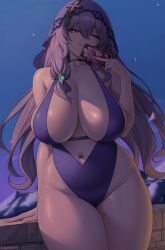 1girls big_breasts black_swan_(honkai:_star_rail) breasts choker female hip_dips honkai:_star_rail honkai_(series) huge_breasts large_breasts light-skinned_female light_skin long_hair one-piece_swimsuit purple_hair swimsuit thick_thighs thighs wide_hips zaphn