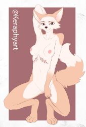 absurd_res anthro big_ears breasts canid canine digital_media_(artwork) ear_piercing fany_(foxdee) female fluffy fluffy_tail fox fur genitals hi_res keraphyart looking_at_viewer mammal nipples nude piercing pussy simple_background small_breasts smile solo tail tattoo