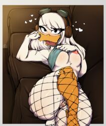 1girls anthro areolae avante92 avian avian_humanoid blush breasts childhood_ruined clothing curvy della_duck disney duck ducktales ducktales_(2017) female female_only fishnets gray_background heart mostly_nude nipples presenting pussy shame solo thick_thighs thighs