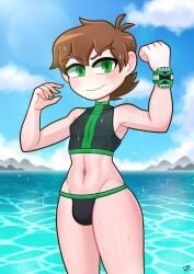 1boy alternate_version_available ben_10 ben_tennyson brown_hair bulge dark_skin femboy green_eyes human lezaki-thefatlizard looking_at_viewer male omnitrix outdoors pale_skin solo swimsuit swimwear tagme wet_body wristwear