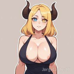 1girls ai_generated angel angel_girl areola areola_slip areolae blonde_female blonde_hair blonde_hair_female breasts cleavage covered_nipples demon demon_girl dress female female_focus female_only head_tilt heterochromia horns huge_breasts jorgecarlosai outline sexy_dress simple_background smile standing watermark