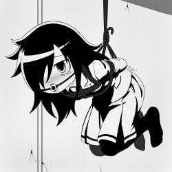 1girls ahoge ankles_tied bags_under_eyes ball_gag ball_gagged black_hair blazer blush bondage bound dark_room excited feet female foot_fetish gagged kuroki_tomoko kuroki_tomoko legs_tied long_hair manga messy_hair necktie no_shoes otaku pantyhose pervert rope school_uniform skirt socks solo suspension suspension_bondage tied_up toes watamote watashi_ga_motenai_no_wa_dou_kangaetemo_omaera_ga_warui! white_shirt
