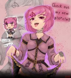 1girls 5_fingers :3 blush bracelet breasts chibi collarbone doki_doki_literature_club dress dress_lift english_text female_focus lifting lifting_dress lifting_own_clothes natsuki_(doki_doki_literature_club) octa0 pierced_tongue piercing pink_eyes pink_hair tattoo tattoo_on_neck text tongue tongue_out