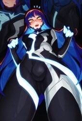 1boy 2024 blue_hair blush bodysuit bulge bulge_through_clothing clothed clothing embarrassed erection eyelashes_visible_through_hair fangs femboy femboy_only glowing_finger gold_eyes latex long_eyelashes low-angle_view male male_focus male_only megami_tensei nahobino_(smt) open_mouth pov protagonist_(shin_megami_tensei_v) q-tori qt0ri shin_megami_tensei shin_megami_tensei_v skin_tight skin_tight_outfit skin_tight_suit solo solo_femboy solo_focus solo_male standing surprised_expression twink very_long_hair