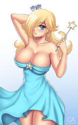 1girls arm_up armpits artist_name bangs bare_shoulders blonde_hair blue_background blue_dress blue_eyes blush breasts cleavage collarbone covered_eyes cowboy_shot crown dress earrings eyebrows_visible_through_hair eyelashes female glass gradient gradient_background grigoraart grigorart hair_over_one_eye holding holding_wand huge_breasts jewelry large_breasts legs_together long_hair looking_at_viewer mario_(series) mini_crown nintendo no_bra pose princess_rosalina solo standing star super_mario_galaxy thighs wand white_background