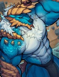 abs absurd_res anthro biceps blue_body bulge capcom claws clothing detailed_bulge fanged_wyvern fur genital_outline genitals hi_res horn male mammal mixterart monster_hunter muscular muscular_anthro muscular_male pecs penis_outline scales scalie solo underwear white_body zinogre