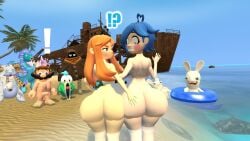 3d 3d_(artwork) big_ass big_butt blush bob_(smg4) breasts crossover eastern_and_western_character fishy_boopkins_(smg4) garry's_mod gjoob gmod human_meggy kaibernation mario mario_(series) meggy_spletzer my_singing_monsters naked nude nude_beach rabbid smg4 strombonin tari_(smg4) touching_ass walking