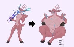 5_fingers anthro antlers areola balls big_breasts biped breasts breasts_bigger_than_head broken_antler brown_body brown_fur collaboration countershade_face countershade_fur countershade_torso countershading deer eyebrows female fingers fur gender_transformation genitals glans hi_res hooves horn huge_breasts humanoid_genitalia humanoid_penis hyper_breasts lofiflavors male mammal mtf_transformation nipples penis potion pussy scut_tail short_tail solo tail thick_thighs transformation yogoat