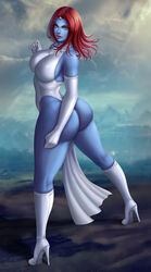 1girls ass big_ass big_breasts big_butt blue_skin boots breasts cleavage female female_only flowerxl high_heels large_breasts long_hair looking_at_viewer looking_back marvel mystique raven_darkholme red_hair solo thick thick_ass thick_thighs thighs tight_clothing x-men yellow_eyes