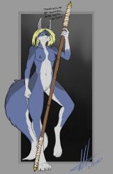 anthro blonde_hair breasts canid canine canis charity_cross commandercross ear_piercing female genitals green_eyes hair hi_res industrial_piercing mammal nipple_piercing nipples piercing pubes pussy solo staff wolf