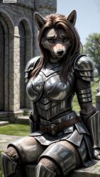 ai_generated animal_ears anthro armor armored_boots artist_name belt boobplate boots breastplate breasts brown_hair chainmail day female female_anthro furry furry_female green_eyes hi_res high_resolution highres long_hair looking_at_viewer outdoors pauldrons photorealistic realistic shoulder_armor sitting skirt solo stable_diffusion tree twitter twitter_username vambraces watermark yiffyjiffy2 yiffyjiffy69